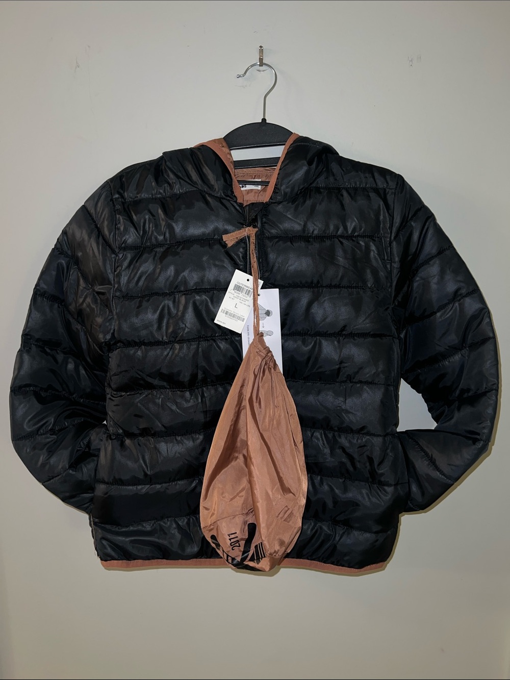 Epic Threads Lightweight Packable Puffer Jacket - Black with Brown Trim Size L